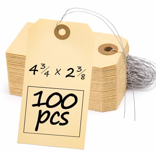 Perco Manila Shipping Tags with Metal Wires — Large Durable Blank Paper Tags 4¾″ x 2⅜″ — Ideal for Labeling and Inventory Use — Box of 100 - size: Large Tags (100 pack), style: With Wire Strings