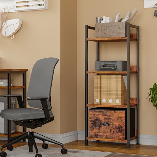 Furologee 4 Tier Bookshelf with Drawer, Small Narrow Bookcase, Rustic Brown - color: Rustic Brown, size: 4 Tier