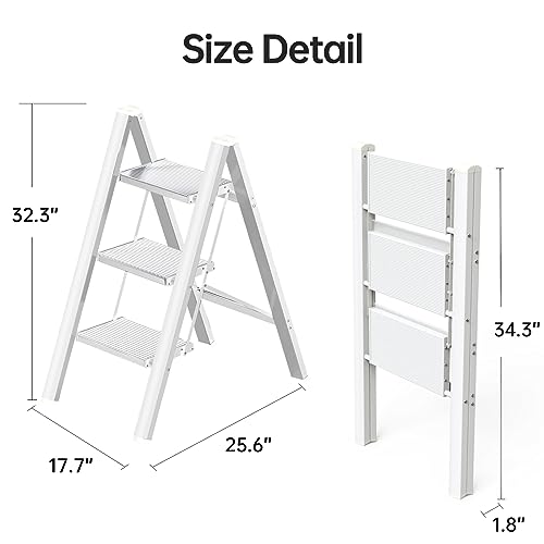 HISMOCAL 3 Step Ladder, Aluminum Folding Step Stool for Closet, White - color: White New, size: 3 Step