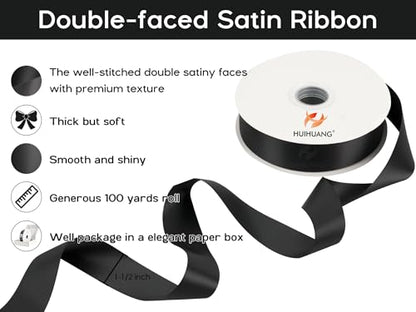 HUIHUANG Black Double-Faced Satin Ribbon 1-1/2 inch x 100 Yards - color: Black, size: 1-1/2 inch