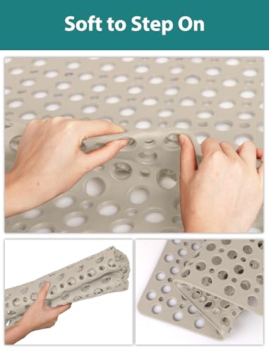 Extra Large Shower Mat, Yonala 47 x 32 Inch Non Slip Shower Mats for Inside Shower, Soft TPE Shower Floor Mat with Suction Cups and Drain Holes, Machine Washable Bathroom Shower Mat, Easy to Clean - color: Khaki