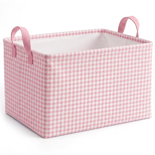 Hushee Pink Gingham Basket Checkered Storage Collapsible Bin with Handles - color: Pink