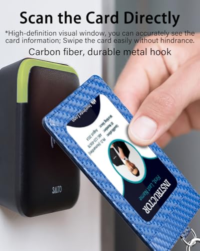 Carbon Fiber Work ID Card Holder with Lanyard, Blue - color: Blue