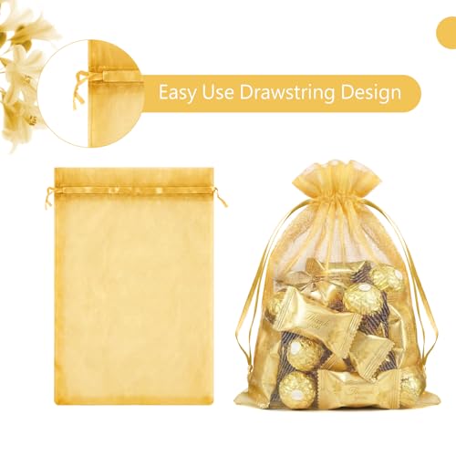 FUNFERY 100Pcs Gold Organza Bags 5x7 in,Small Mesh Drawstring Gift Bag - color: Gold