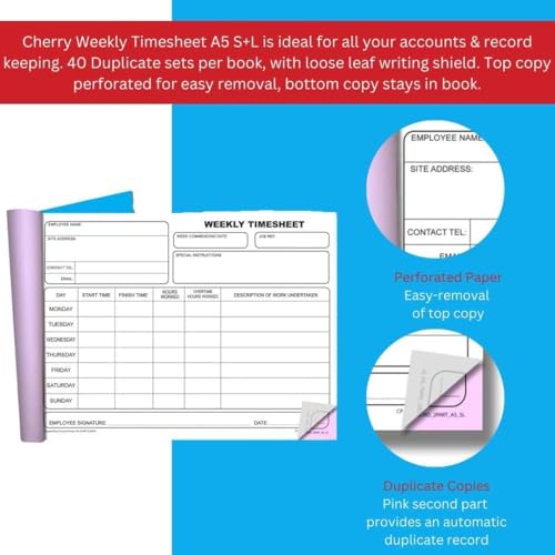 Cherry Printers | NCR | Weekly Timesheet | Duplicate Book | A5 | 40 Sets