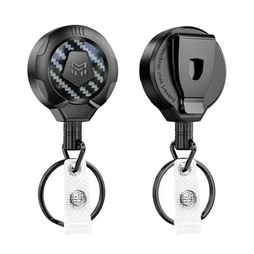 MNGARISTA Upgraded Heavy Duty Retractable Keychain with Belt Clip, 10 OZ Retraction, 31.5" Stainless Steel Cord Key Chain, 3K Carbon Fiber ID Badge Reel Holder with Badge Strap and Key Ring, 2 Pack - color: Black Keychain 2 Pcs