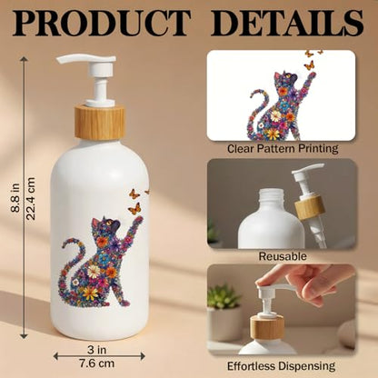 Boho Floral Cat Glass Soap Dispenser with Pump - color: Floral Cat