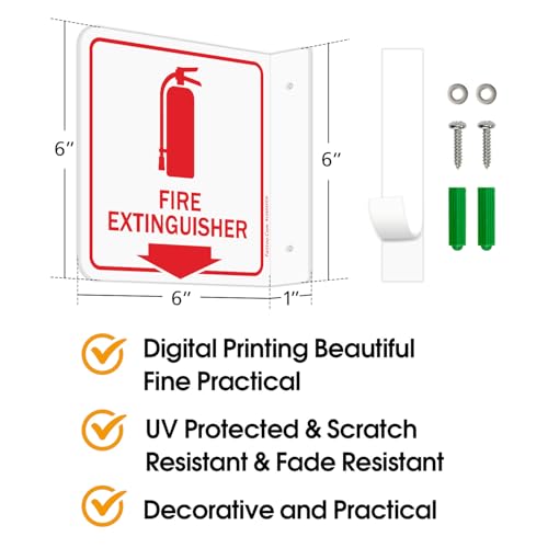 Faittoo Fire Extinguisher Sign, 2 Pack Fire Extinguisher with Down Arrow - 6 x 6 Inches Acrylic Plastic, 2 Pre-Drilled Holes, Includes Matching Screws, Easy To Mount, Use for Home Office/Business