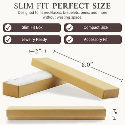 RJ Displays 25 Pack Cotton Filled Cardboard Paper Jewelry Bracelet, Watch, Necklace, Jewelry Set, Gift Retail Packaging (Brown, 8" x 2" x 1")