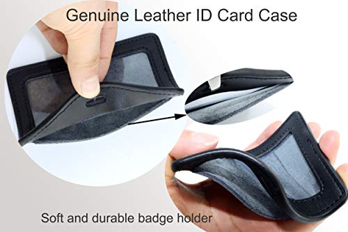 ID Card Case + Lanyard + Badge Holder Retractable Reel Carabiner and Plastic Clip (Genuine Leather Horizontal Black) - color: Horizontal Black