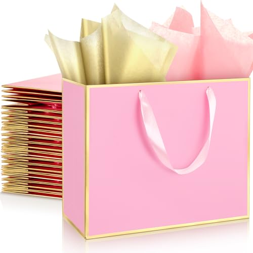 ReliThick 12 Pack Paper Gift Bag with Handles & Tissue, Pink, Gold - color: Pink, Gold