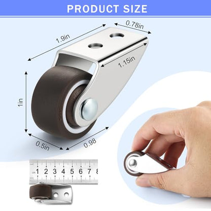 Small Rigid Caster Wheels 1 Inch, TPR Rubber Low Profile Casters Set of 8, Built-in Mute Bearing, Horizontal/Vertically Mount, Anti-Sag Door Support Wheel for Wooden Gate, Furniture, Drawers