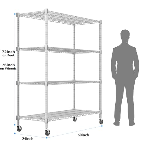 Homdox 4-Tier Heavy Duty Metal Shelves with Wheels - 2400LBS Commercial Adjustable Shelves for Garage, Pantry, Kitchen - 24"x60"x72", Chrome - color: Silver, size: 24"x60"x72"