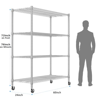 Homdox 4-Tier Heavy Duty Metal Shelves with Wheels - 2400LBS Commercial Adjustable Shelves for Garage, Pantry, Kitchen - 24"x60"x72", Chrome - color: Silver, size: 24"x60"x72"