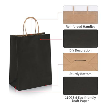 Joybe 100 Pack 5.95x3.25x8 Inch Small Black Paper Bags with Handles Bulk, Kraft Paper Gift Bags for Birthday Party Favors Grocery Retail Shopping Business Goody Merchandise Craft Blank Sacks (100pcs)