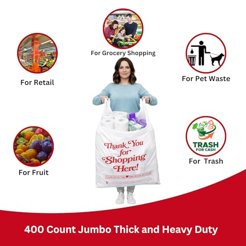 Jumbo Thank You Plastic T-Shirt Bags with Handles, 400 Count, 20 Micron Heavy Duty Grocery & Retail Bags, Large White Carryout Bags, 18" x 7" x 32", for Stores, Takeout & Shopping