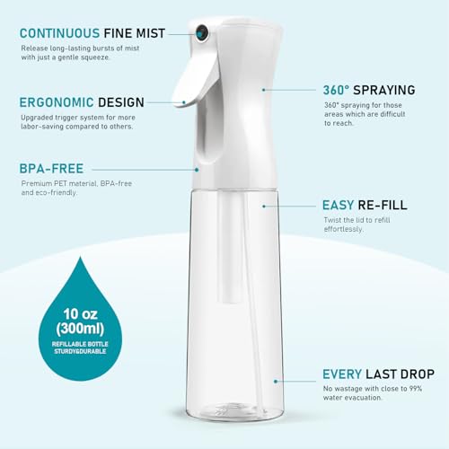 Continuous Spray Bottle for Hair, Refillable Gentle Mister (2 Pack, 10 Oz) - style: White & Black, 10 OZ