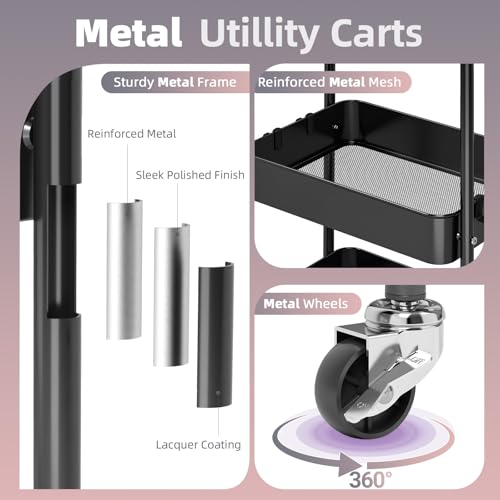KINGRACK 3 Tier Metal Rolling Cart with Drawer, Black Utility Storage Cart - color: Black