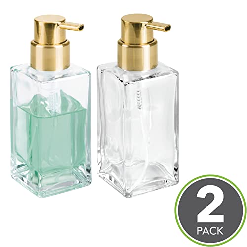 mDesign Glass Refillable Foaming Hand Soap Dispenser Modern Square Pump Bottle for Bathroom Vanities or Kitchen Sink, Countertops - 2 Pack - Clear/Soft Brass - color: Clear/Soft Brass
