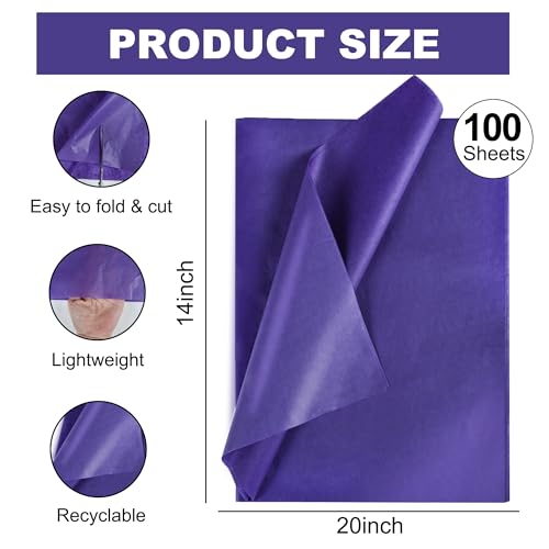BEISHIDA 100 Sheets Dark Purple Tissue Paper Bulk, Wrapping Tissue Paper for Gift Bags, 14 x 20 Inch Gift Wrap for Halloween Birthday Graduation DIY Crafts Holiday Flowers - color: dark purple