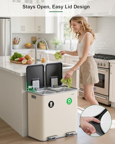 Lovewind 2×11.5 Gallon Dual Trash Can, Stainless Steel Dual Garbage and Recycling Can with Foot Pedal, 90° Stay-Open Lid, Large Dual Compartment Trash Recycling Bins Kitchen, Apricot - color: Apricot, size: 23 Gallon