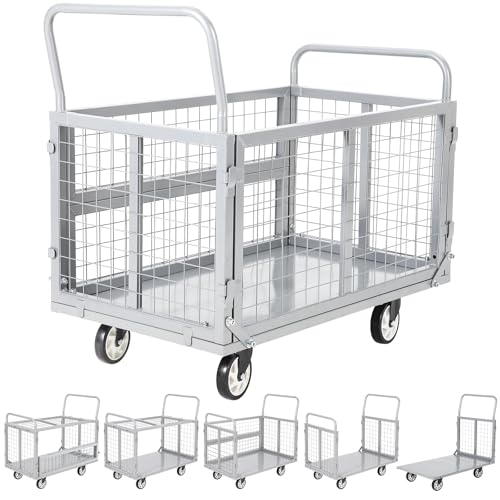 Heavy Duty Platform Truck Cart with Cage, 39" x 24" Hand Moving Cart 2000 Lbs Capacity, Multi-Functional Folding Cage Cart with Basket for Warehouse, Luggage Moving, Silver - color: Silver