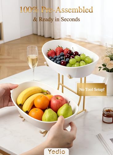 2 Tier Ceramic Fruit Bowl for Kitchen Counter with Gold Metal Stand - color: Gold, size: 2 Tier