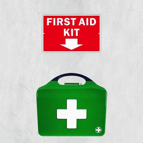 First Aid Sign, (2 Pack) Self Adhesive First Aid Kit Sign for Wall, Aluminum Metal Signs With 2 Pre-drilled Holes (9 x 6 inches, Red/White) - color: Red /White