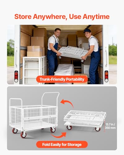 VEVOR Platform Truck Cart with Cage, 2000 lbs Capacity, 6-in-1 Foldable Flatbed Cart with Swivel Wheels, Heavy Duty Hand Truck, Multi-Functional Push Dolly, for Grocery Laundry, 44.5 x 26.6 x 42.1 in - size: 44.5 x 26.6 x 42.1 in/ 1130 x 675 x 1070 mm