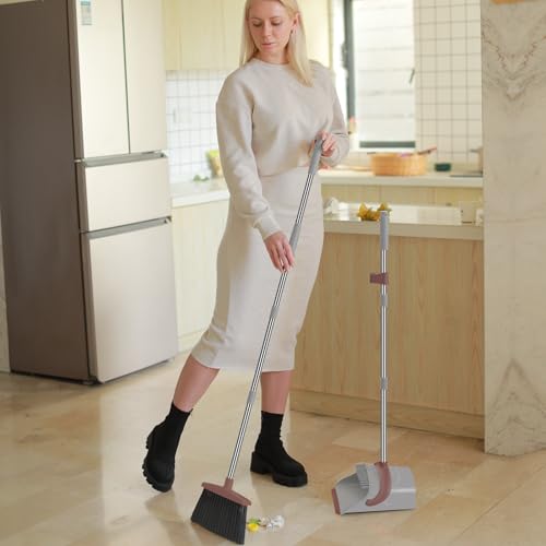 Ivandar Broom with Dustpan Combo Set, 50.6 inch Long Handle, Upright Standing Broom and Dustpan Set Quiet Cleaning Tool Sweep the Floor Dust pan Removes 4 Times More Pet Hair(Brown and Gray) - color: Brown&gray