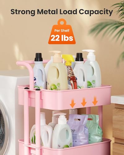 Pipishell Metal 3 Tier Rolling Cart with Handle & 2 Lockable Wheels, Pink - color: Pink, size: 3-Tier