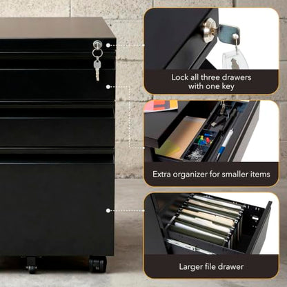 Mount-It! 3 Drawer File Cabinet with Lock and Wheels, Heavy-Duty Steel Rolling Drawer Cabinet, Fully Assembled Under Desk Filing Cabinet for Home Office Storage, 15.3" W x 19.75" D x 24.5" H, Black - color: Black