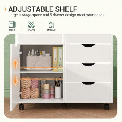 DEVAISE 5-Drawer Wood Office Cabinet, Craft Storage Cabinet, White - color: White - 3 Medium + 2 Small