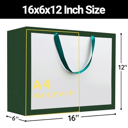 EUSOAR Large Gift Bags with Handles, 50pcs 16"x6"x12" Paper Wrap Bags Bulk, Merchandise Business Craft Grocery Retail Wrapping Thank You Bag for Wedding Birthday Party Favor Favor Bags-White/Green - color: White/Green