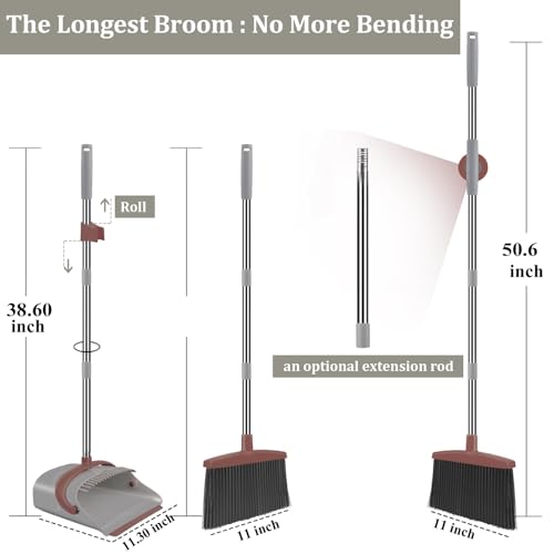 Ivandar Broom with Dustpan Combo Set, 50.6 inch Long Handle, Upright Standing Broom and Dustpan Set Quiet Cleaning Tool Sweep the Floor Dust pan Removes 4 Times More Pet Hair(Brown and Gray) - color: Brown&gray