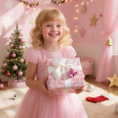Ulmasinn Reversible Christmas Wrapping Paper Pink Mini Roll 17 Inches X 33 Feet for Girls Kids,printed with “Ho Ho” and Pink Holiday Collection Design for Festivals, Parties, Celebrations - color: Christmas Pink