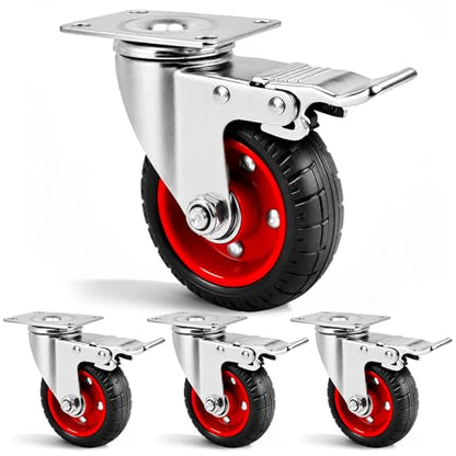 4 Inch Caster Wheels Heavy Duty with Dual-Lock Safety Brake and Rubber Tire Wheels, Heavy Duty - 300 Lbs Per Caster for Workbench, Trolley, Cabinet, Swivel Rubber Wheel 4-Packs with mounting Hardware - size: 4 Inch
