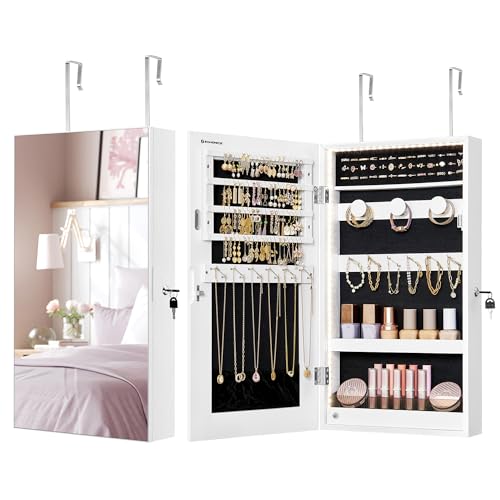 SONGMICS Lockable Jewelry Cabinet Armoire with Mirror, Wall-Mounted - color: White, style: Simple LED