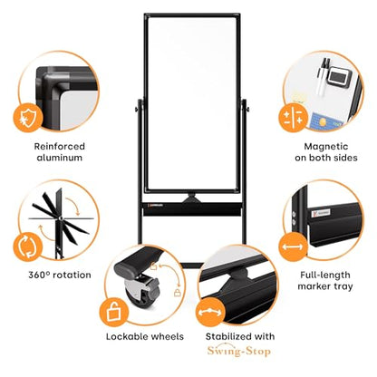 Kamelleo Rolling Whiteboard on Wheels 24" x 48", Double Sided White Board - color: Jet Black, size: 24x48