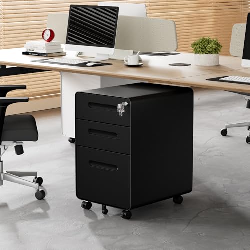 3 Drawer Mobile File Cabinet with Lock, 4 Keys and 25 Letter File Folders - color: Black, size: 23.8"H*15.7"W-3 Drawers(25 letter folders)