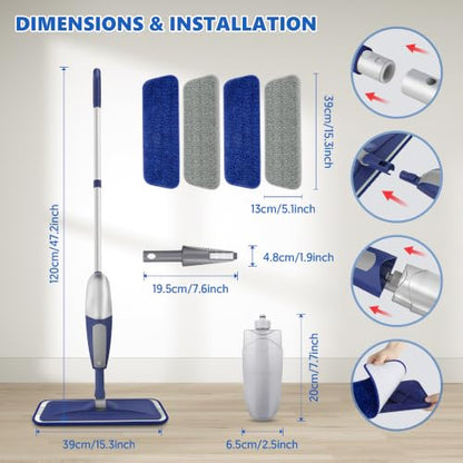 BPAWA Spray Mops for Floor Cleaning: Wet Microfiber Mop for Hardwood Tile - color: Darkblue-gray