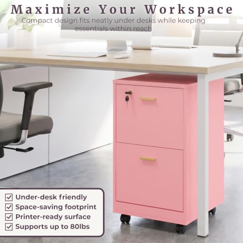 Lavish Home 2-Drawer Wooden File Cabinet with Lock, Pink, 16” x 27” - color: Pink, style: Gold Hardware