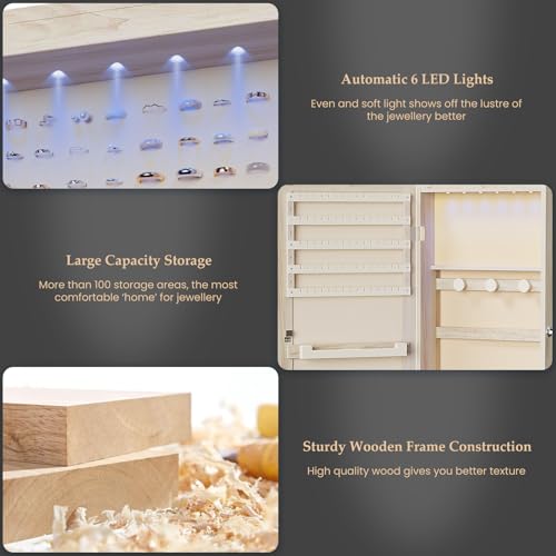 DUMOS 6 LEDs Mirror Jewelry Organizer Cabinet, Jewelry Armoire, 47.2 Inch - color: Khaki