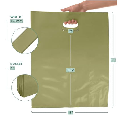 15x18 Olive Plastic Bags, 2" Gusset, Glossy, Die-Cut, 1.25 Mil, 100 Pack
