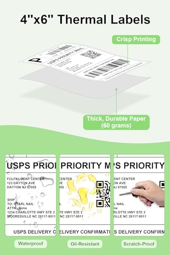 4x6 Thermal Labels - Waterproof Shipping Labels for Thermal Printers, 250/Roll, 16 Rolls, White (Packaging/Mailing/Inventory) - size: 16 Rolls 丨 4000 Labels