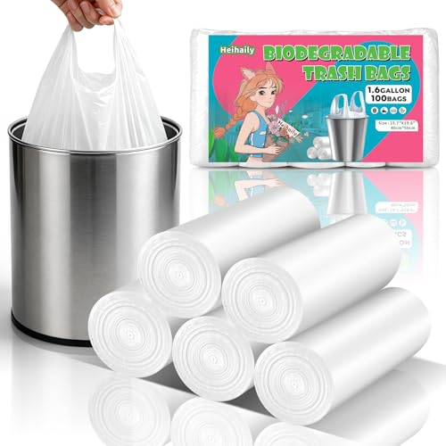 1.6-Gallon Mini Trash Bags Biodegradable - Unscented 100 Count White Small Garbage Bag with Handles Leakproof Strong Thick Waste Basket Liners for Desk, Car, Bedside Table Heihaily - color: Bio-1.6Gal-White100