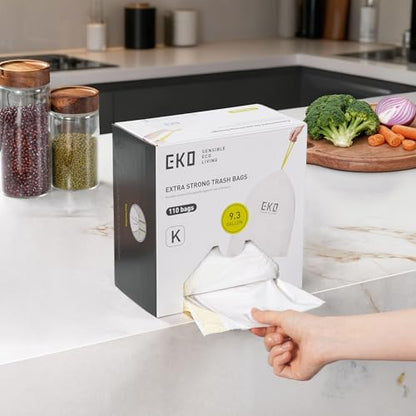EKO 9.3 Gallon / 30–35 Liter Drawstring Trash Bags, 110 Count Heavy-Duty Tall Kitchen Garbage Can Liners, Extra-Strong Leak-Resistant, Unscented, White, Code K - size: 110 Count (Pack of 1), style: 9.3 Gallon Bags/Code K