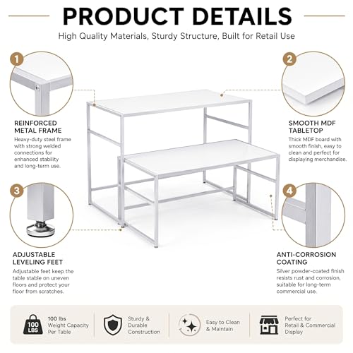 Novabright 2 Piece Nesting Display Tables, White Metal, 100 lb Capacity