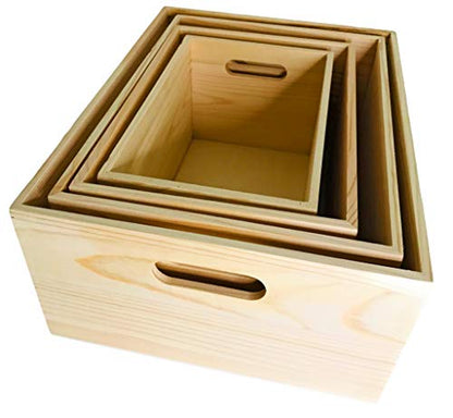 Unfinished Wooden Crates 4 Pack - Nesting Pine Wood Boxes with Handles - color: Unfinished