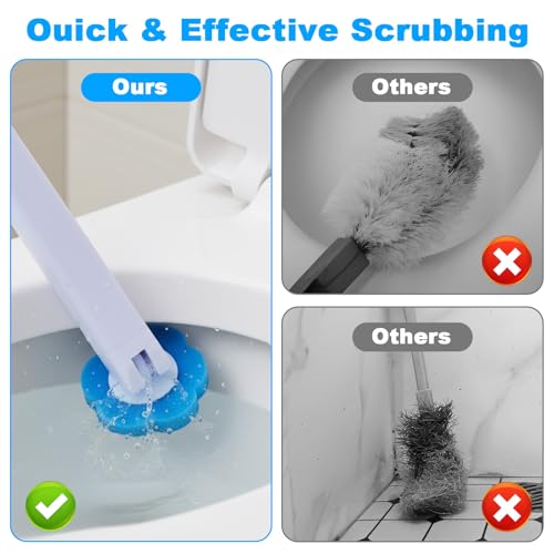 Ptwola 2 Pack Disposable Toilet Brush Holder Set Wall Mounted Extended Handle Toilet Bowl Cleaning Wand Stick Kit with 48 Refills Replacement Heads Pads for Bathroom Bathtub Deep Cleaners Maintenance
